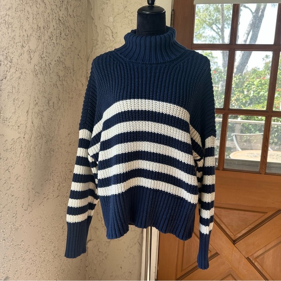 Madewell Striped Knit Navy and White Size XL Turtleneck Chunky Sweater - Picture 2 of 12